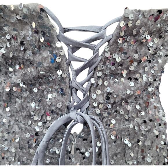 NWT Silver Strapless Sequin Evening Gown with Corset Back on Velvet Fabric - Picture 9 of 13